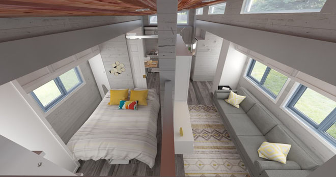 interior of ZeroSquared tiny house on wheels with pullout
