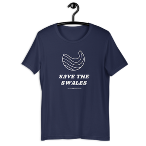 Blue t-shirt that says Save the Swales on a clothes hanger