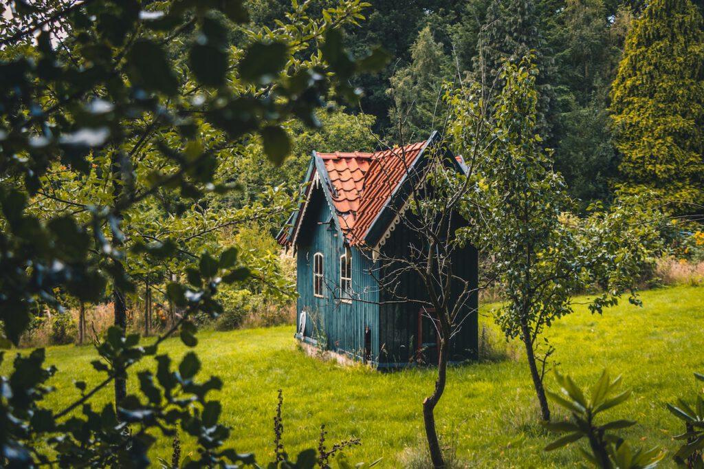 A blue tiny house sits in a peaceful verdant meadow