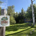 A cozy blue tiny house sits in the background of a lush, green natural setting.